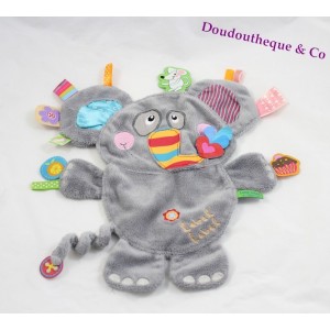 Doudou plat carré LABEL LABEL gris blanc avec étiquettes 24 cm