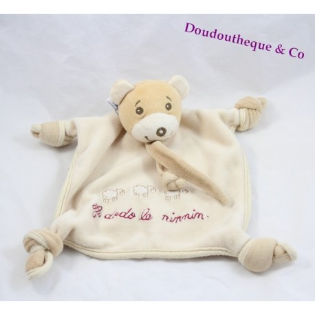 Doudou plat Ours NOUNOURS beige marron 4 noeuds "Au dodo le ninnin"