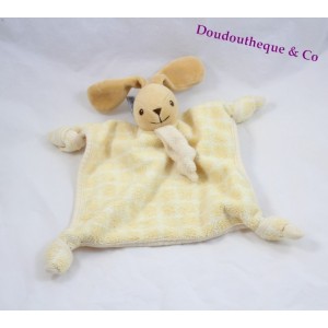 Doudou plat lapin NOUNOURS carreaux jaune 4 noeuds 20 cm