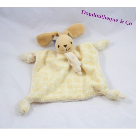 Doudou plat lapin NOUNOURS carreaux jaune 4 noeuds 20 cm Doudou plat lapin NOUNOURS carreaux jaune 4 noeuds 20 cm