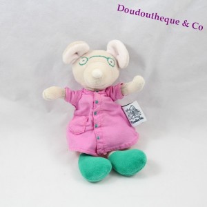 Doudou ratón MOULIN ROTY mademoiselle Vestido de queso rosa bisel verde 18 cm