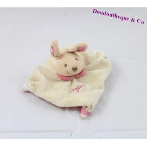 Doudou plat lapin DOUDOU ET COMPAGNIE beige mini doudou col rose 15 cm