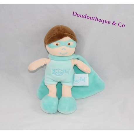 Doudou garçon BABY NAT' super héros bleu masque cape 19 cm