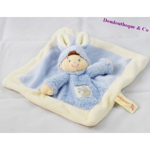 Doudou plat garçon déguisé en lapin NICOTOY bleu 23x23cm