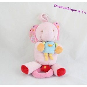 Doudou plat éléphant Bébérêve Bébé Rêve CASINO rose oiseau bleu 35 cm 