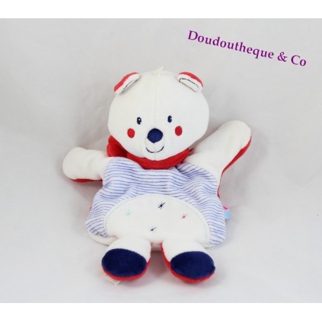 Doudou marionnette ours SUCRE D'ORGE rayé bleu blanc écharpe rouge