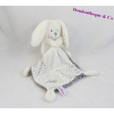 Doudou mouchoir lapin POMMETTE blanc pois brodé bébé