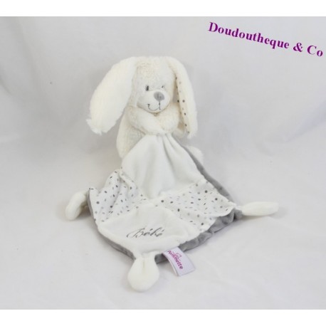 Doudou rabbit handkerchief POMMETTE blanco guisantes bordados bebé