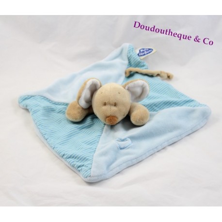 Doudou plat souris MOTS D'ENFANTS bleu carré coeur rayé