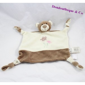 Doudou plat ours PLAYKIDS beige marron fleurs noeud 23 cm