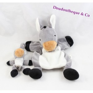 Doudou marionnette âne CORSICA TEXTISUN avec bébé gris et blanc
