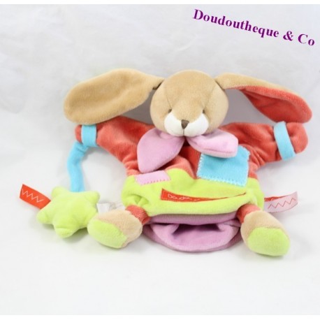 Doudou marionnette Lapin DOUDOU ET COMPAGNIE avec sa chenille orange vert Doudou marionnette Lapin DOUDOU ET COMPAGNIE avec sa chenille orange vert