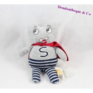 Doudou super héros KIMBALOO cape rouge gris rayures 22 cm