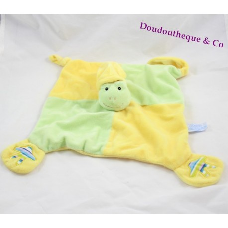 Doudou plat grenouille GIPSY vert et jaune 26x26cm