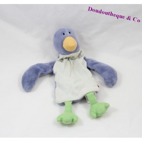 Doudou plat pingouin JACADI bleu blanc grelot 22 cm