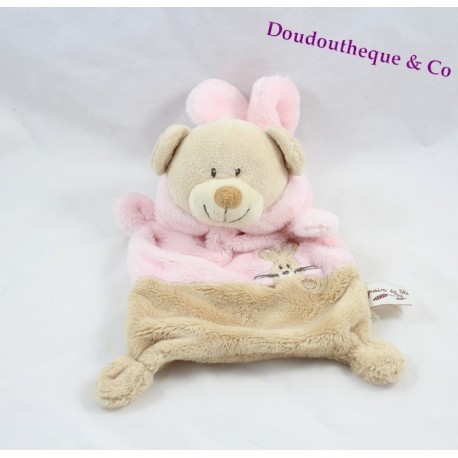 Doudou plat ours déguisé en lapin GRAIN DE BLE rose et marron