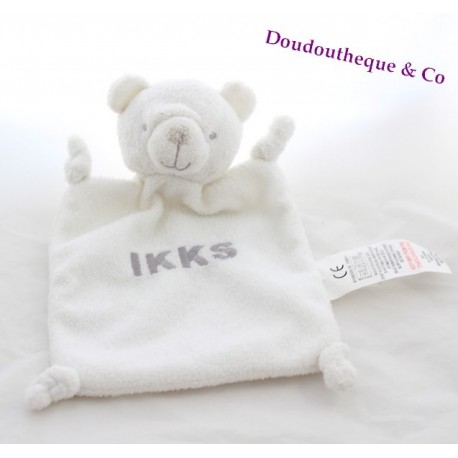 Doudou plat Ours IKKS  blanc écriture grise 23 cm 