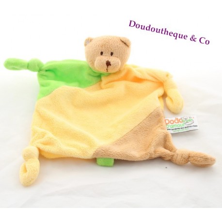 Doudou plat ours DODO D'AMOUR MGM beige jaune vert 27 cm Doudou plat ours DODO D'AMOUR MGM beige jaune vert 27 cm