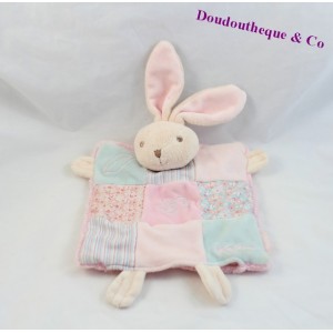 Doudou plat Lapin KALOO Liliblue Marionnette Patchwork rose bleu Tissu rayé Fleurs