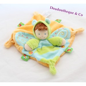 Doudou plat garçon papillon NICOTOY vert bleu orange 22 cm