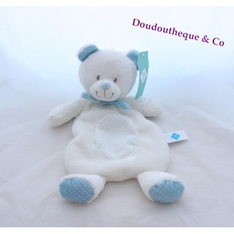 Doudou plat ours TEX bleu blanc motifs pois 33 cm