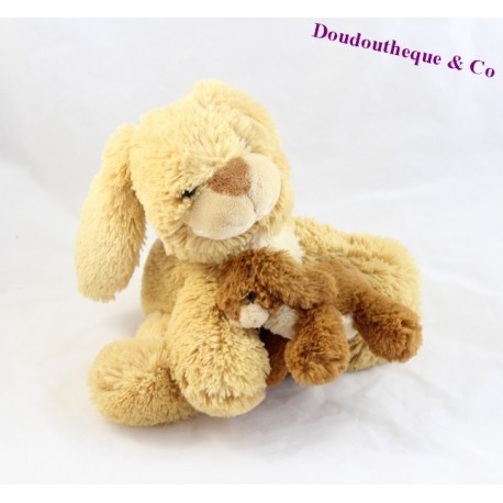 Peluche, doudou maman lapin et son bébé NOUNOURS beige et marron 20 cm