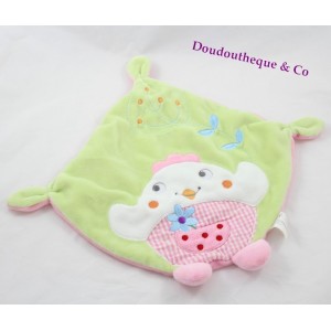 Doudou flaches Küken Henne NICOTOY rosa grün gingham blaue Blume 32 cm