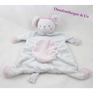 Doudou ratón plano KIMBALOO rosa y blanco nudo rosa La Halle 40 cm