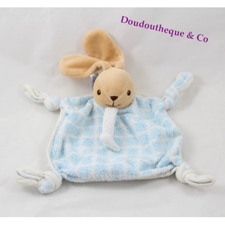 Doudou plat carré Lapin NOUNOURS carreaux bleu 4 noeuds 15 cm