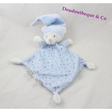 Doudou plat ours NICOTOY losange bleu étoiles grises 33 cm