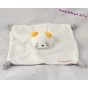 Doudou gatto piatto IL HALLE BRIOCHE mouse bianco grigio orecchie nodi gialli 21 cm