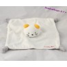 Doudou gatto piatto IL HALLE BRIOCHE mouse bianco grigio orecchie nodi gialli 21 cm