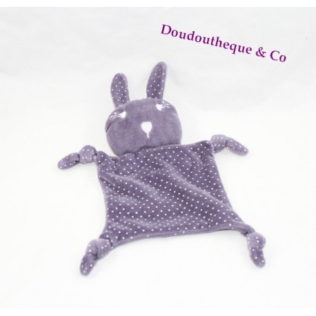Doudou plat lapin POMMETTE violet pois noeuds 18 cm Doudou plat lapin POMMETTE violet pois noeuds 18 cm