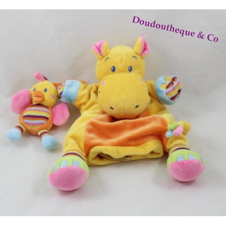 Doudou marionnette hippopotame NICOTOY avec poussin orange jaune rayures