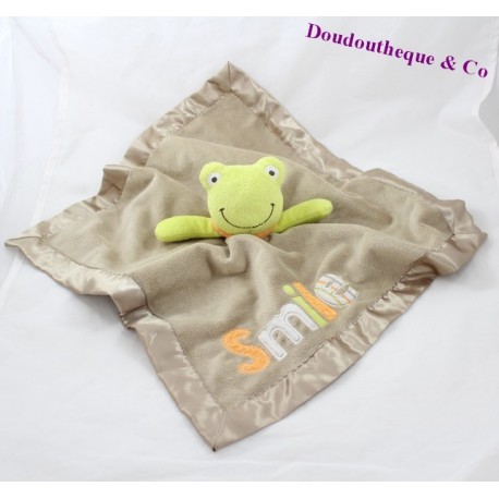 SOS DOUDOUS, Doudou plat Grenouille CARTER'S satin marron vert smile