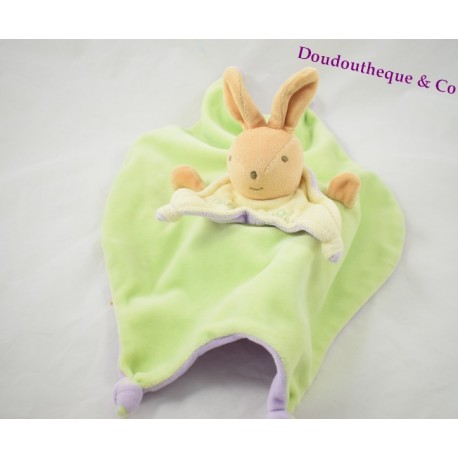 Doudou plat réversible Nounours Lapin Ours violet vert