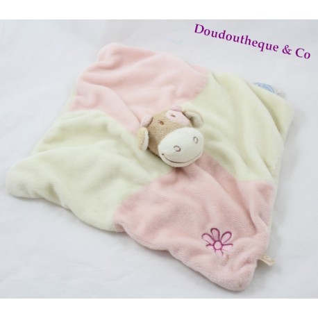 Doudou plat vache Lola NOUKIE'S marionnette carré rose