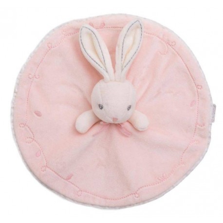 Doudou lapin KALOO rond rose Perle broderie coutures grises 26 cm