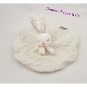 Doudou KALOO plana redonda conejo blanco Perle bordar gris 26 cm