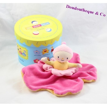 Doudou plat poupée Katherine Roumanoff fleur rose et jaune Dim Dam Doum Moulin Roty