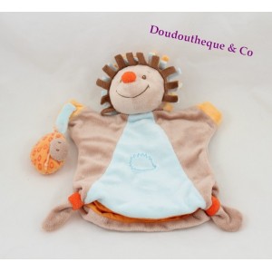 Doudou marionnette hérisson NATTOU Little Garden marron orange bleu 25 cm