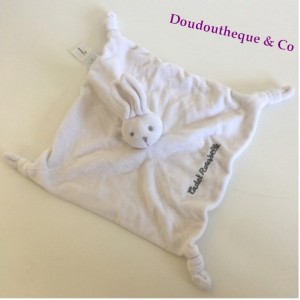 Doudou conejo plana CADET ROUSSELLE blanco y gris 4 nudos 25 cm