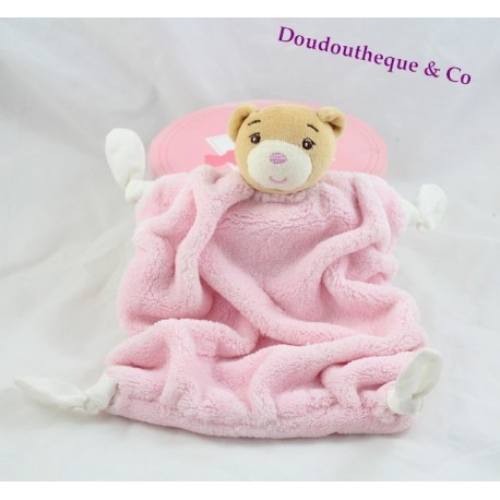Doudou plat ours KALOO Plume rose 4 noeuds tissus 24 cm
