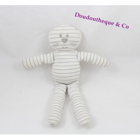 Doudou chat BOUT'CHOU rayé blanc gris coton Boutchou 27 cm
