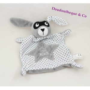 Doudou plat lapin IKKS étoiles masque blanc gris 21 cm