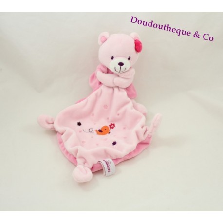 Doudou mouchoir ours POMMETTE oiseau orange rose fleur 32 cm