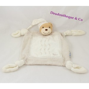 Doudou plat ours KALOO lin Dragée beige et blanc brodé fleurs