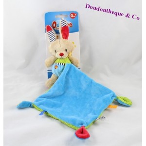 Doudou mouchoir lapin OUATOO LOGITOYS bleu vert pois 15 cm