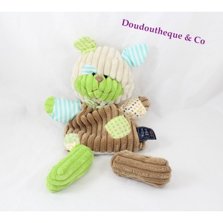 Doudou marionnette chien HISTOIRE D'OURS Bric à brac vert marron bleu côtelé Doudou marionnette chien HISTOIRE D'OURS Bric à brac vert marron bleu côtelé