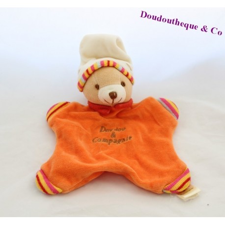 Doudou plat ours DOUDOU ET COMPAGNIE orange bonnet beige 22 cm - SO